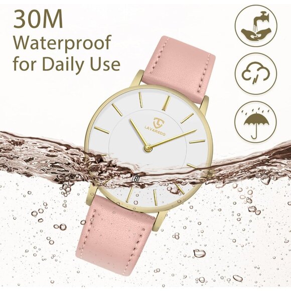 Men's Pink- White Leather Strap Analog Minimal Simple Stylish Buckle Wrist Watch - Picture 5 of 6